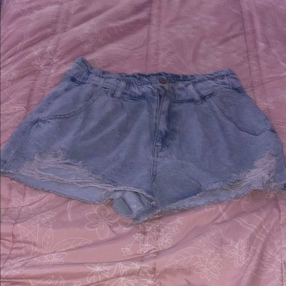 Blue Jean Shorts with Distressed Hem and Mid-Thigh Length